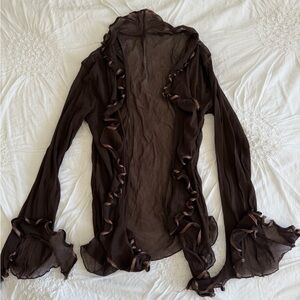 Brown Sheer Ruffle Cardigan